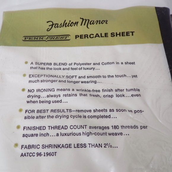 Penn-Prest Vintage Percale Twin Flat Sheet White TSHG0805 - Picture 3 of 3